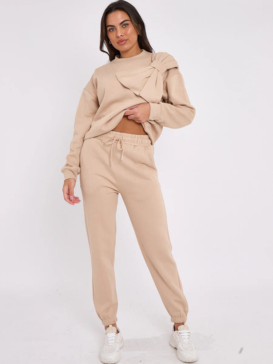 Bow detail Sweatshirt & Jogger Tracksuit Stone