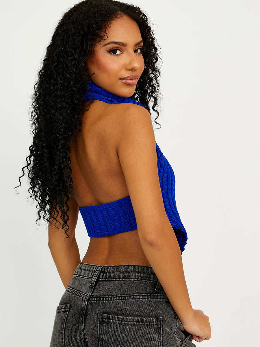 Halter Roll Neck Knitted Crop Top Royal Blue 💙