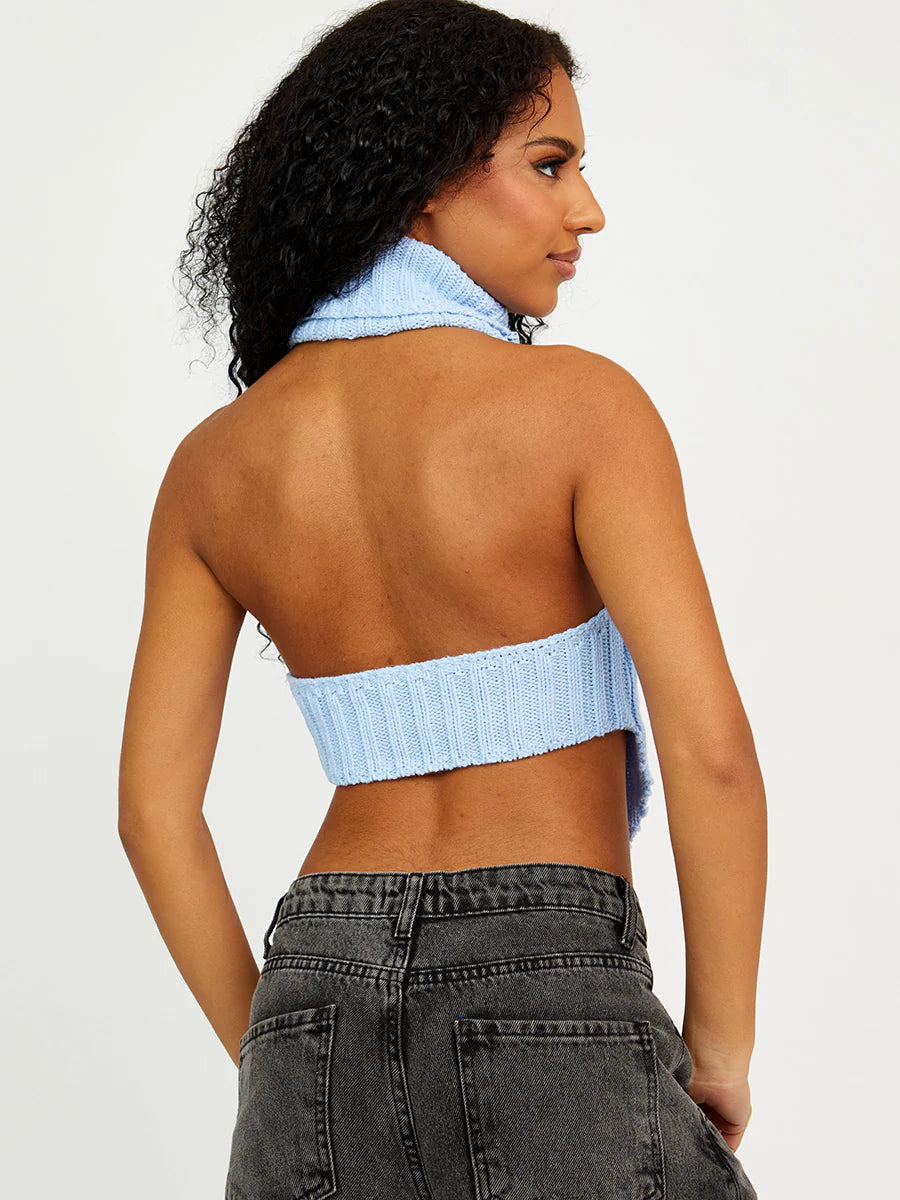 Halter Roll Neck Knitted Crop Top Baby Blue 🦋