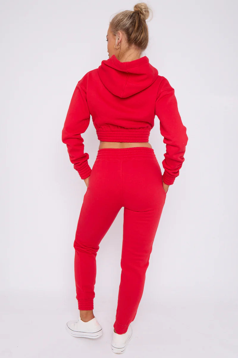 Zip Up Cropped Hoodie & Jogger Fleece Tracksuit Red