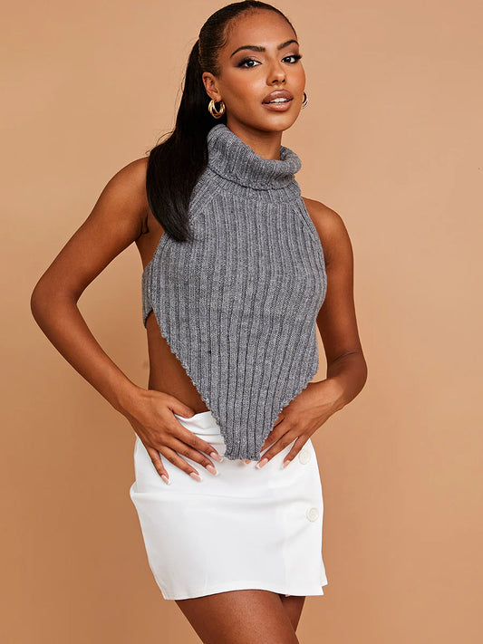 Halter Roll Neck Knitted Crop Top Grey