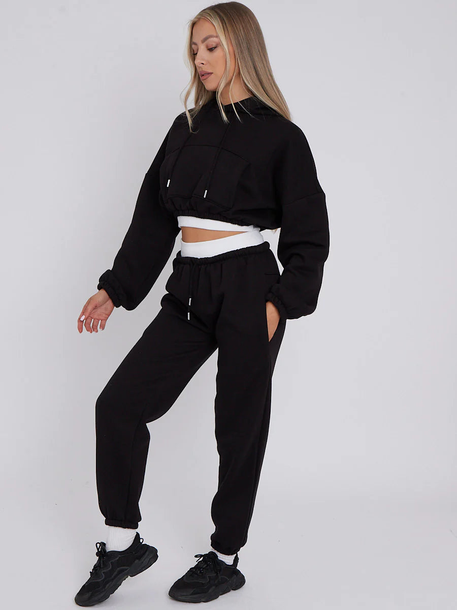 Fleece Cropped Tracksuit With Rib Trim Detail Black