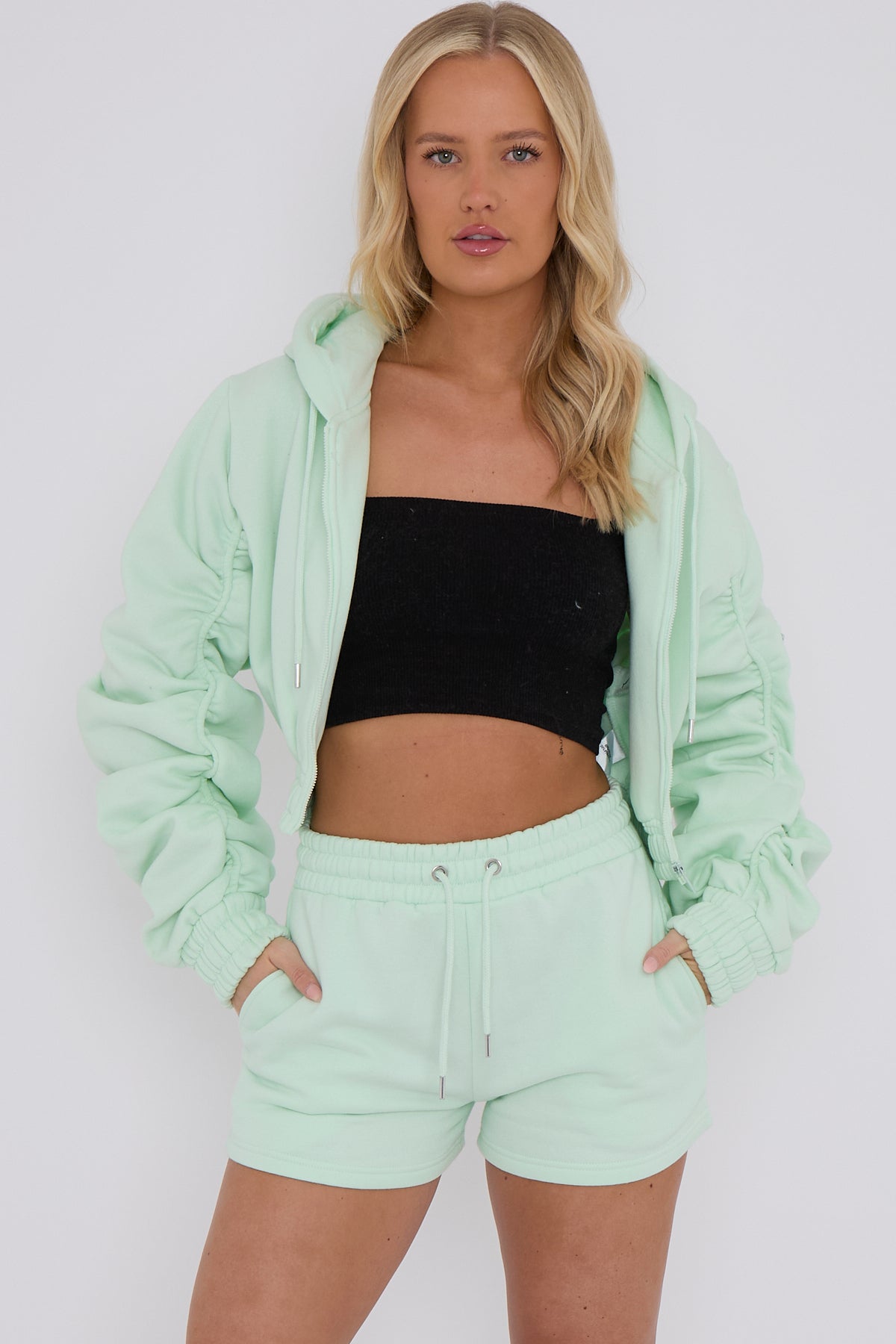 Ruched Sleeve Hoodie & Shorts Mint