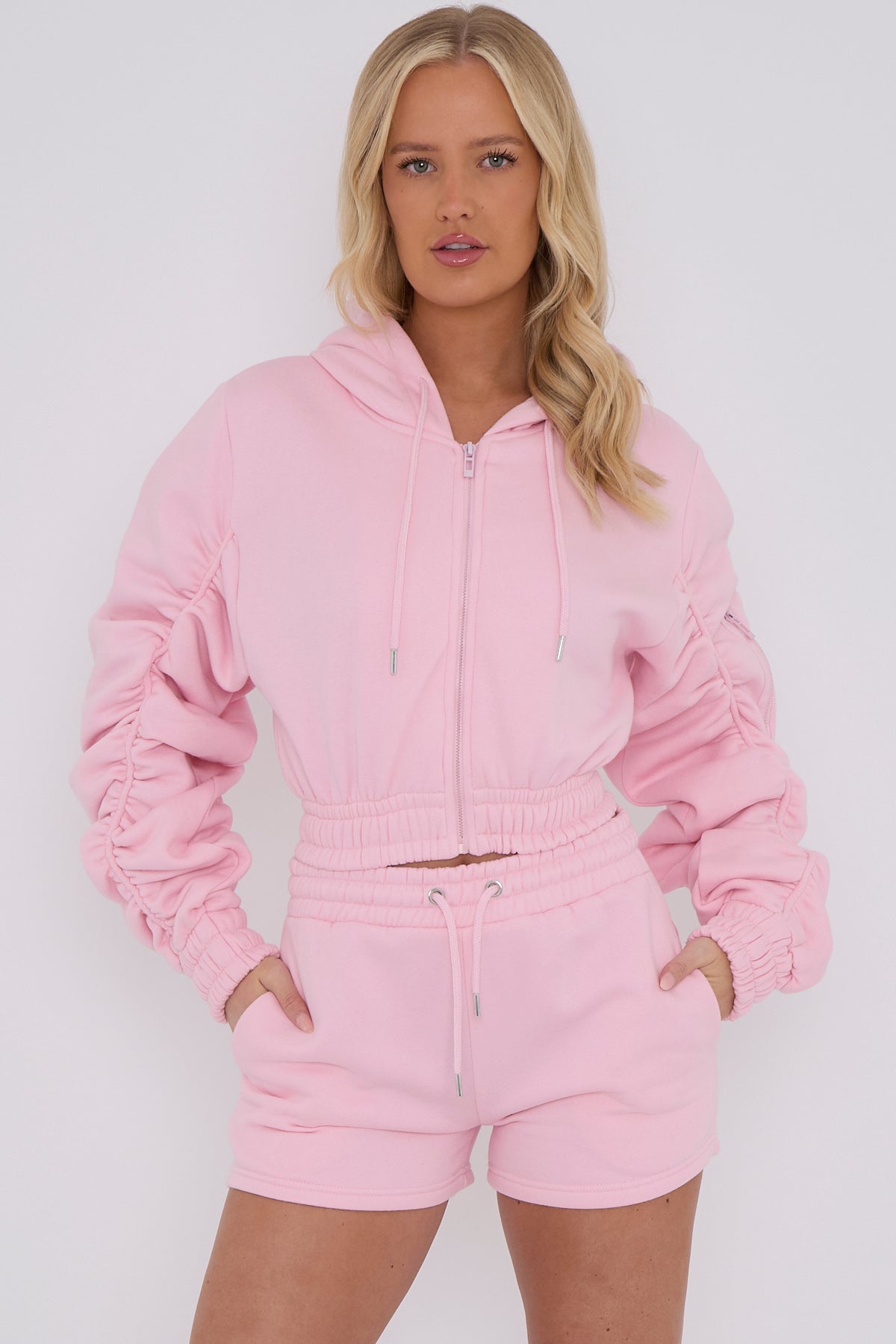 Ruched Sleeve Hoodie & Shorts Baby Pink