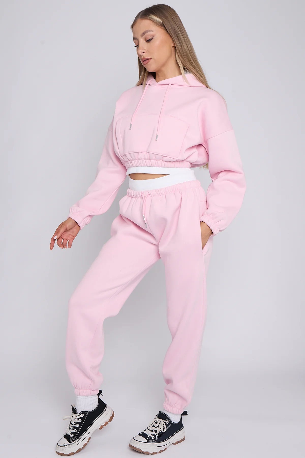 Fleece Tracksuit With Rib Trim Detail Pink