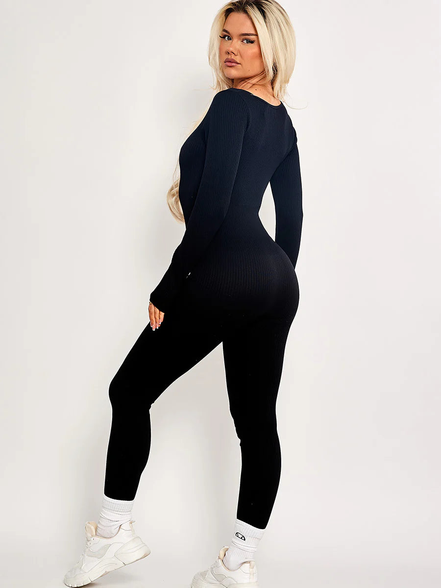 Long Sleeve Ribbed Black Jumpsuit