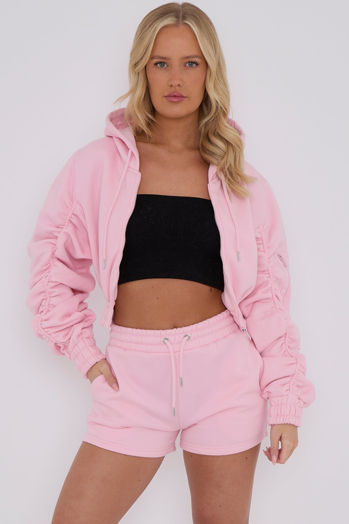 Ruched Sleeve Hoodie & Shorts Baby Pink