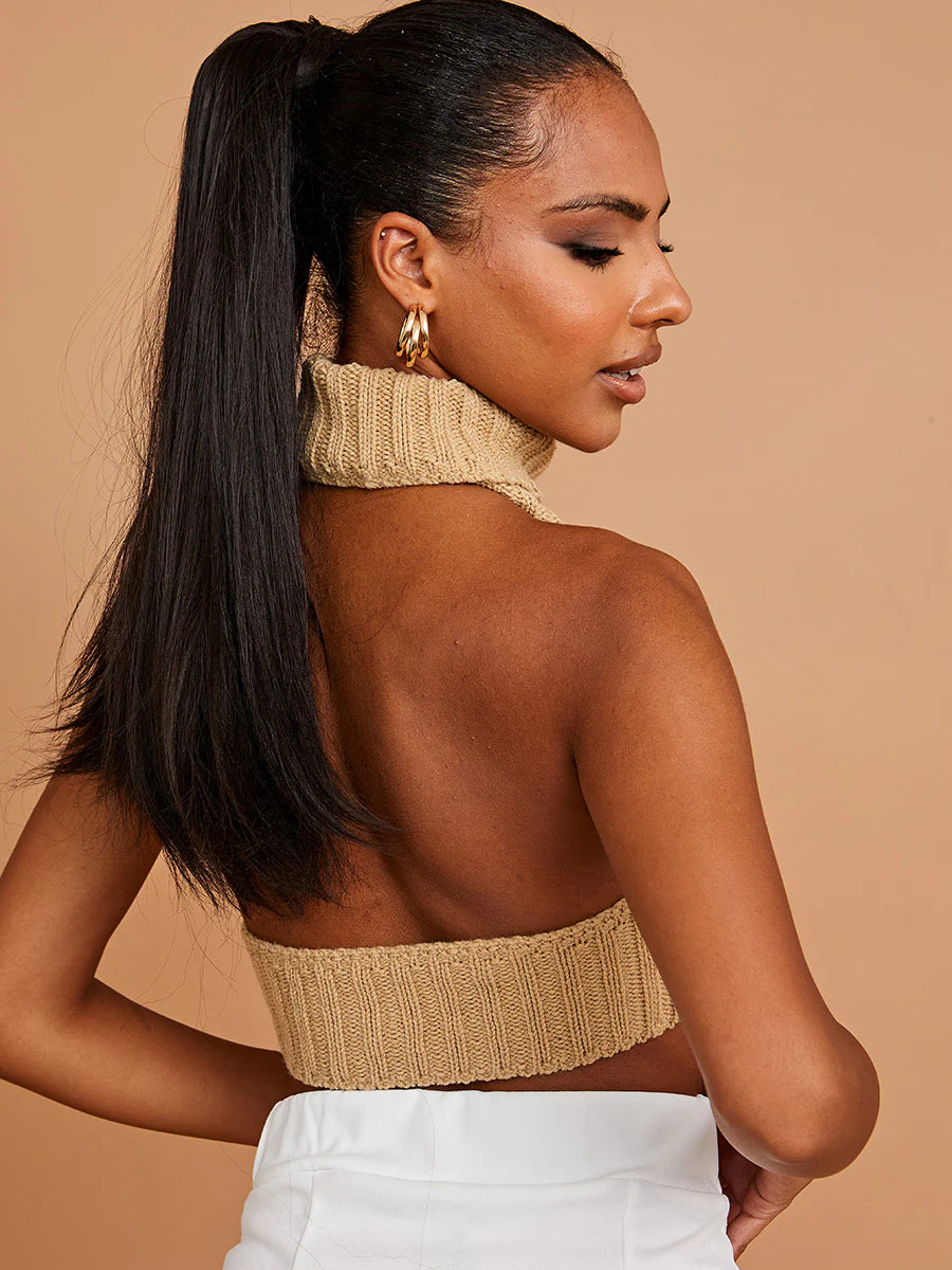 Halter Roll Neck Knitted Crop Top Beige