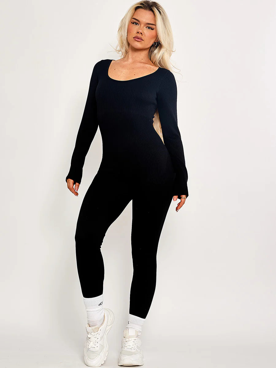 Long Sleeve Ribbed Black Jumpsuit