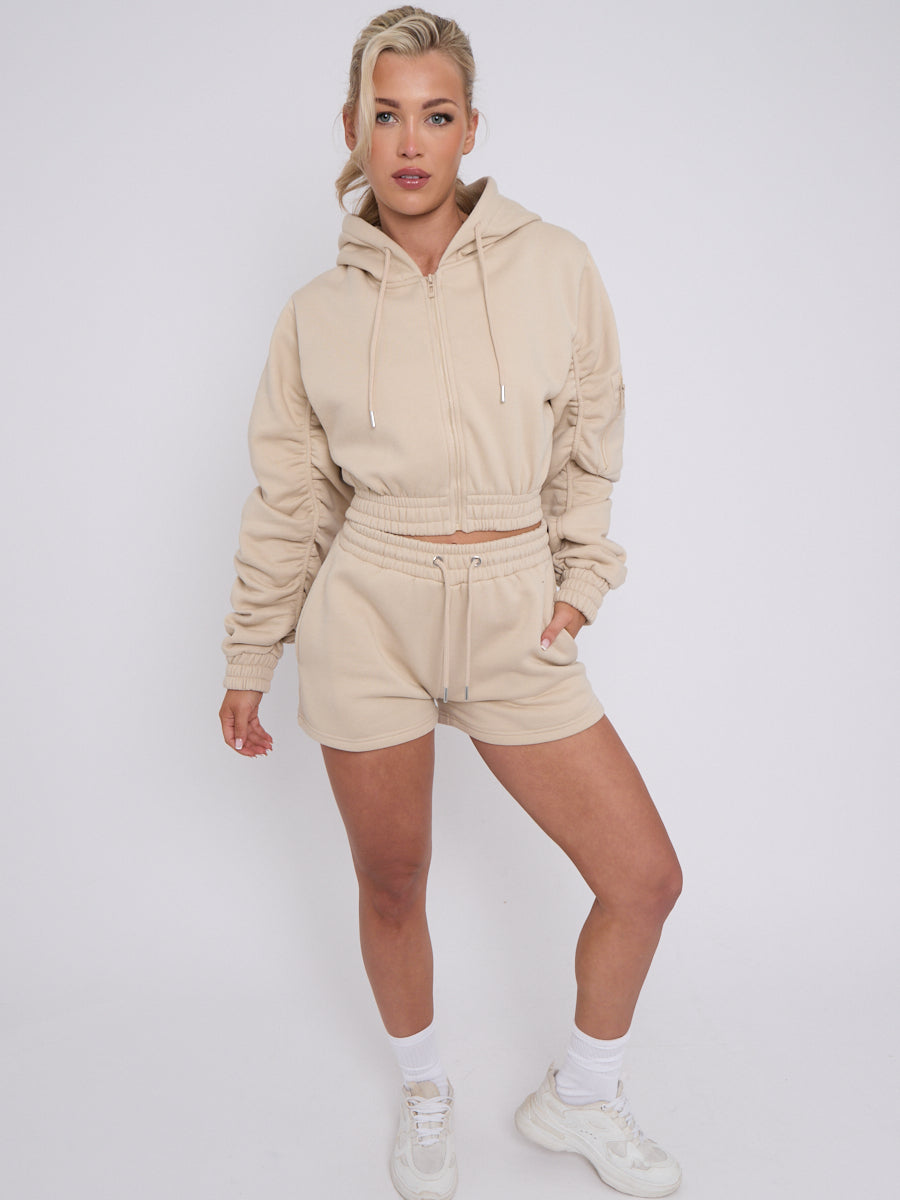 Ruched Sleeve Hoodie & Shorts Stone