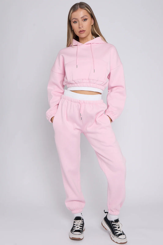 Fleece Tracksuit With Rib Trim Detail Pink