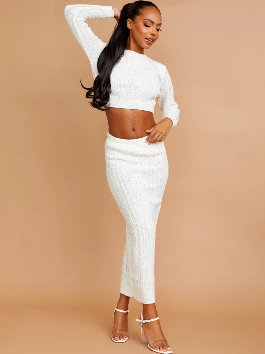 Cable Knit Crop Top & Maxi Skirt Cream