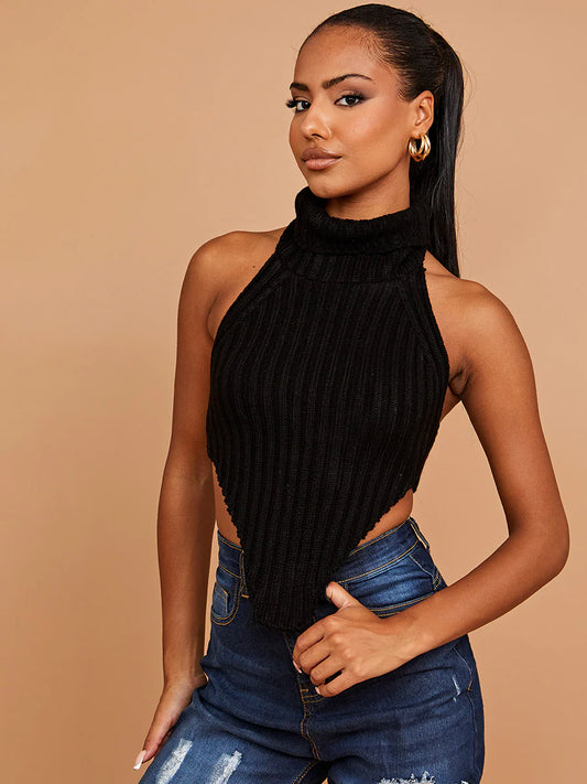 Halter Roll Neck Knitted Crop Top Black 🖤