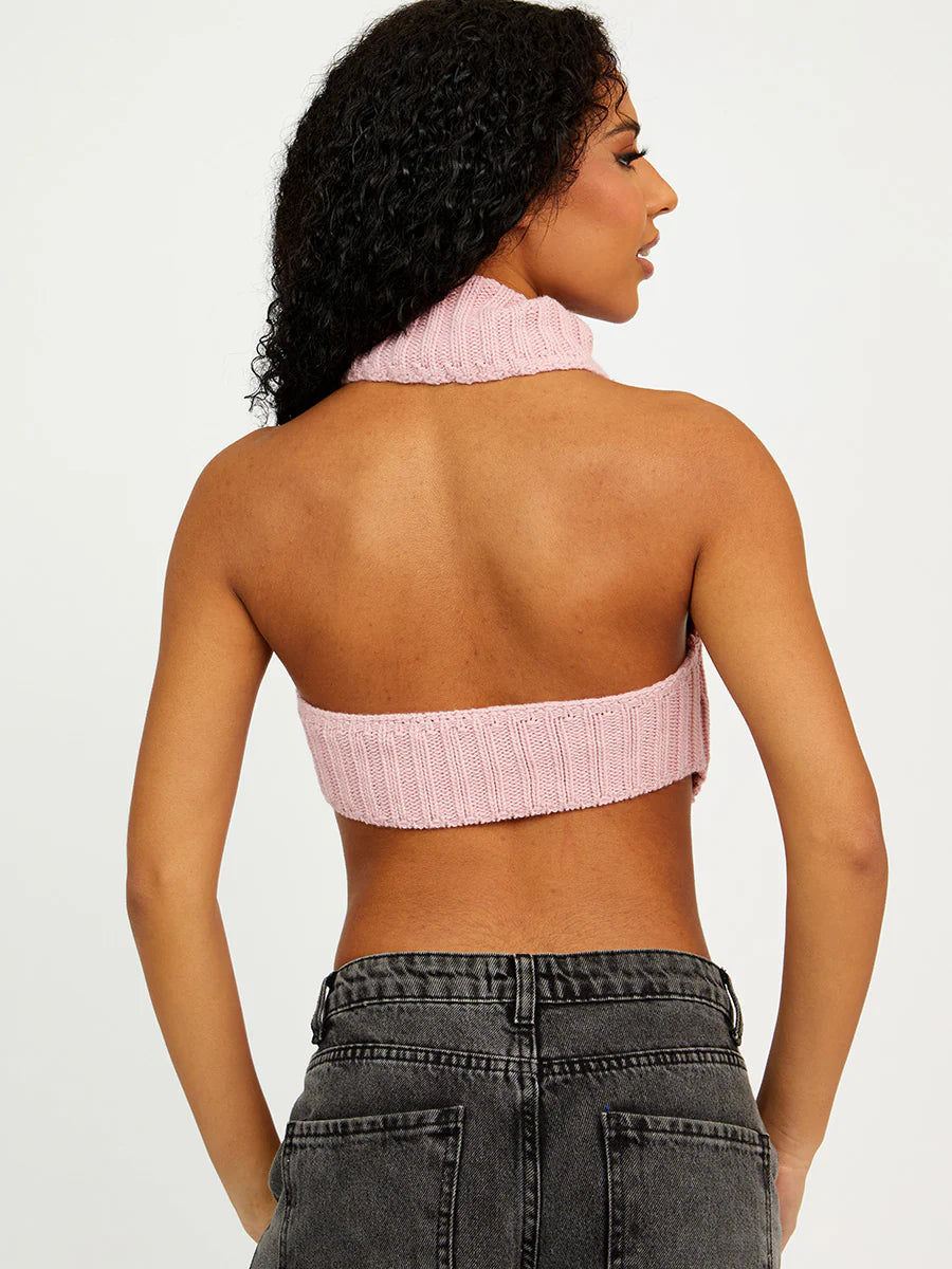 Halter Roll Neck Knitted Crop Top Baby Pink