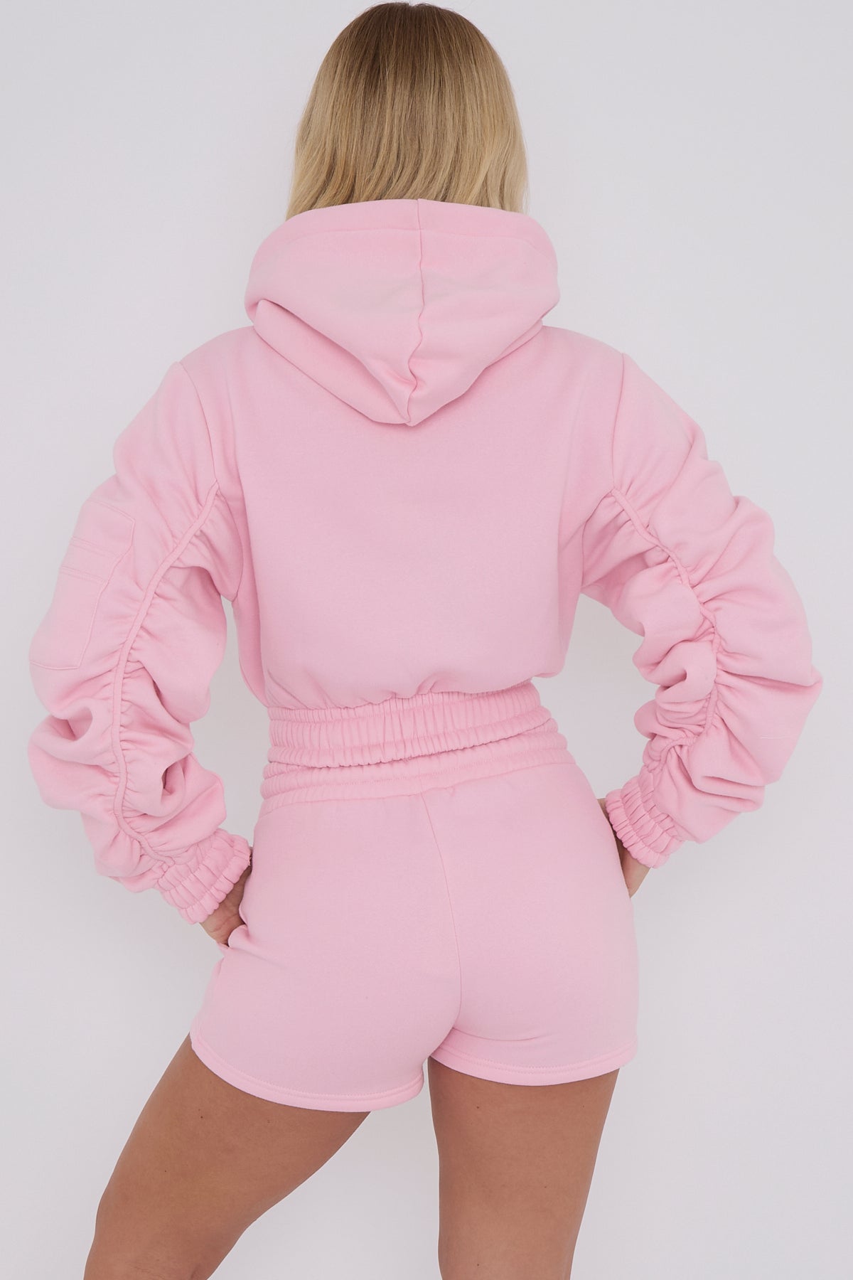 Ruched Sleeve Hoodie & Shorts Baby Pink