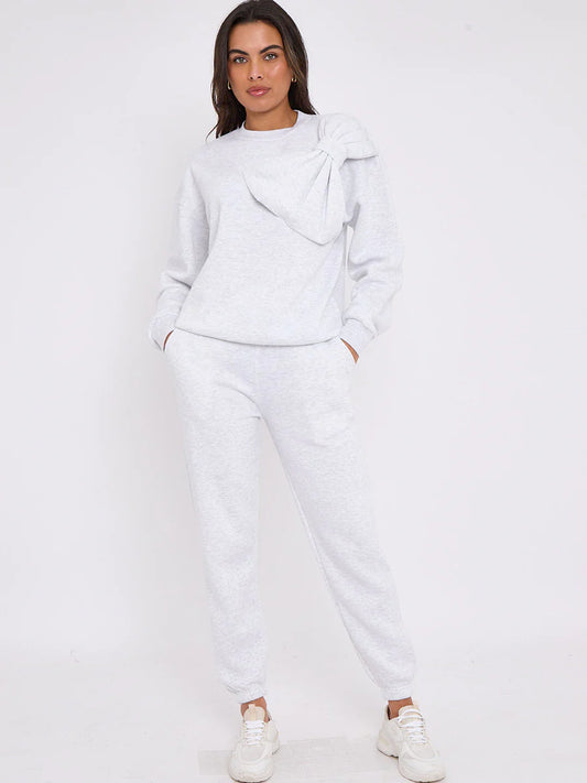 Bow Detail Sweatshirt & Jogger Fleece Tracksuit Grey