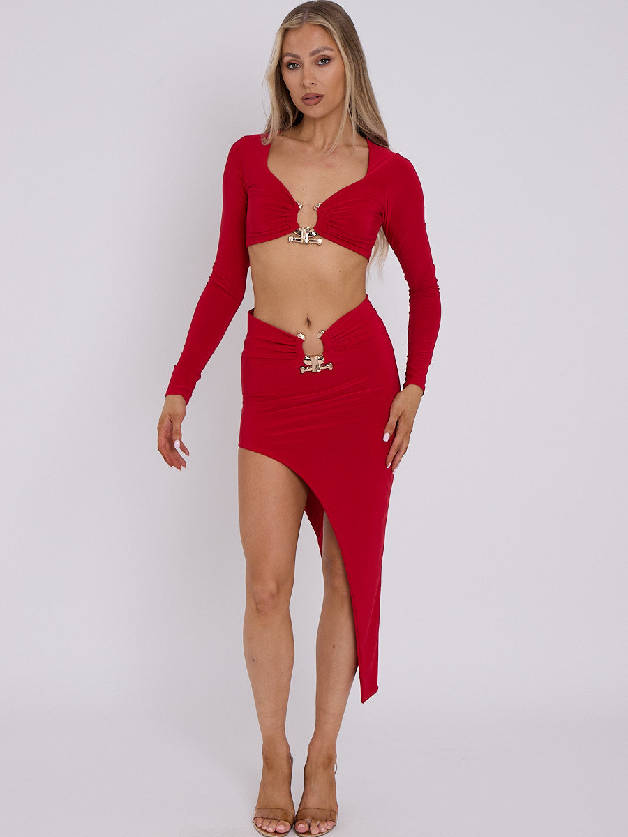 Slinky Horseshoe Buckle Detail Crop Top & Skirt Red