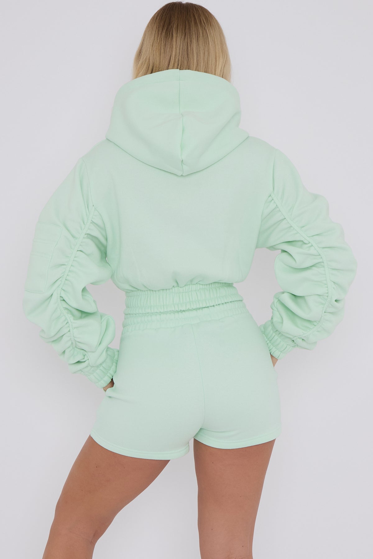 Ruched Sleeve Hoodie & Shorts Mint