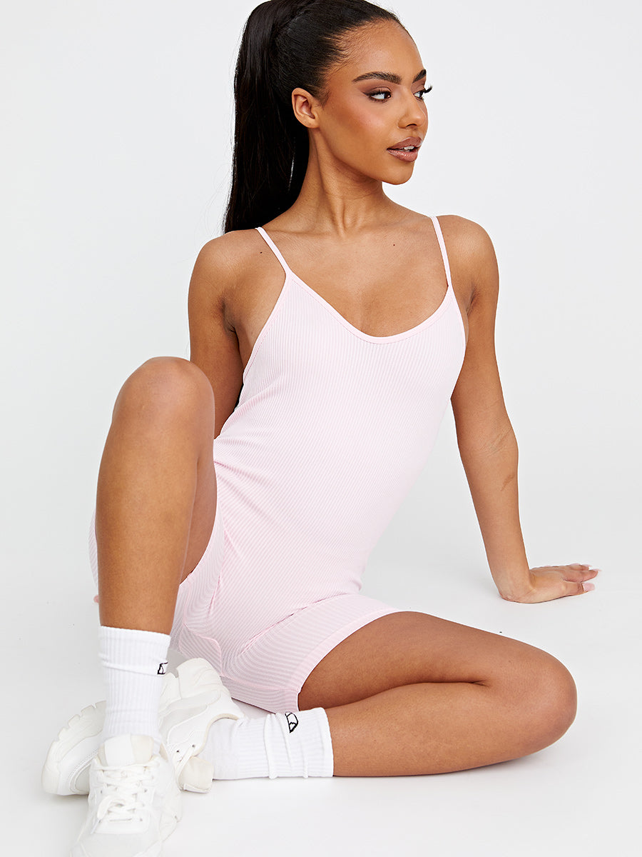 Strappy Ribbed Unitard Baby Pink