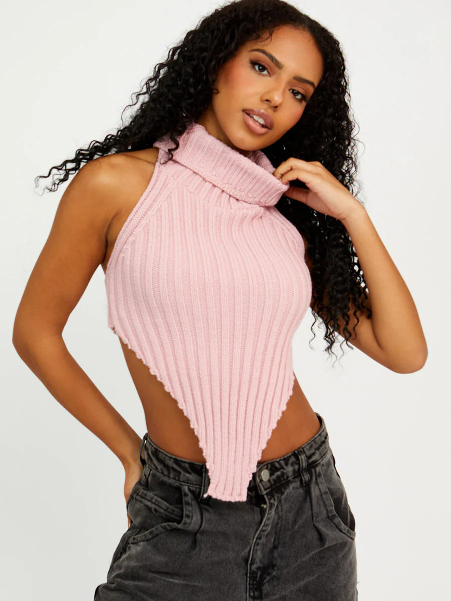 Halter Roll Neck Knitted Crop Top Baby Pink