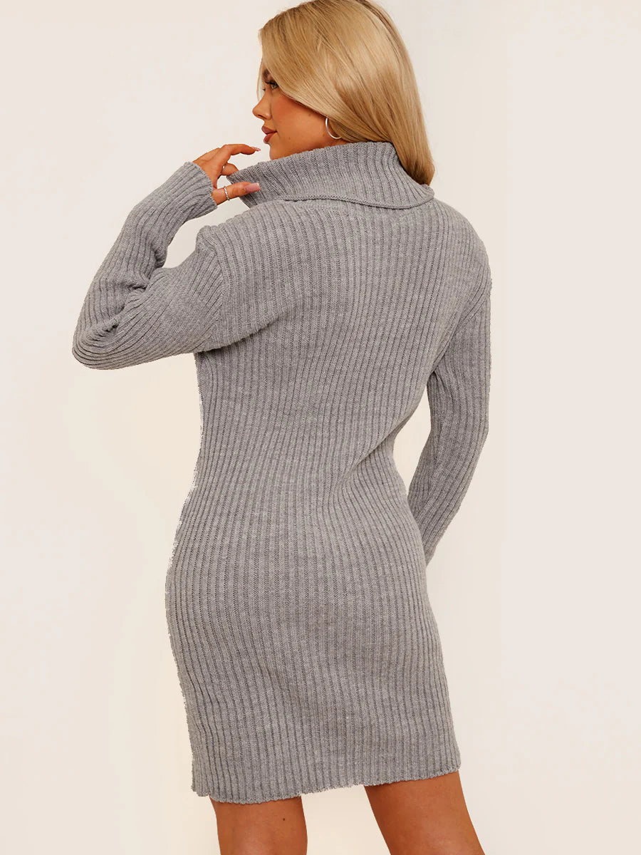 Ribbed Knitted Roll Neck Bodycon Dress Grey