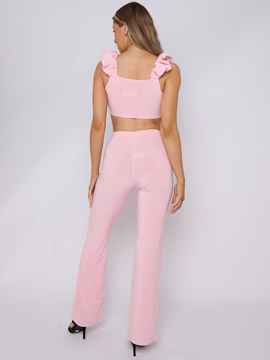 Cropped Double Lined Frilled Lounge Set Pink