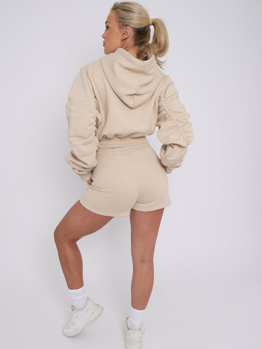 Ruched Sleeve Hoodie & Shorts Stone