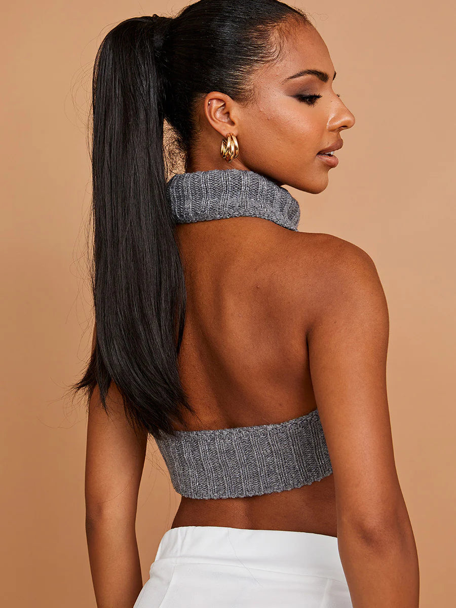 Halter Roll Neck Knitted Crop Top Grey