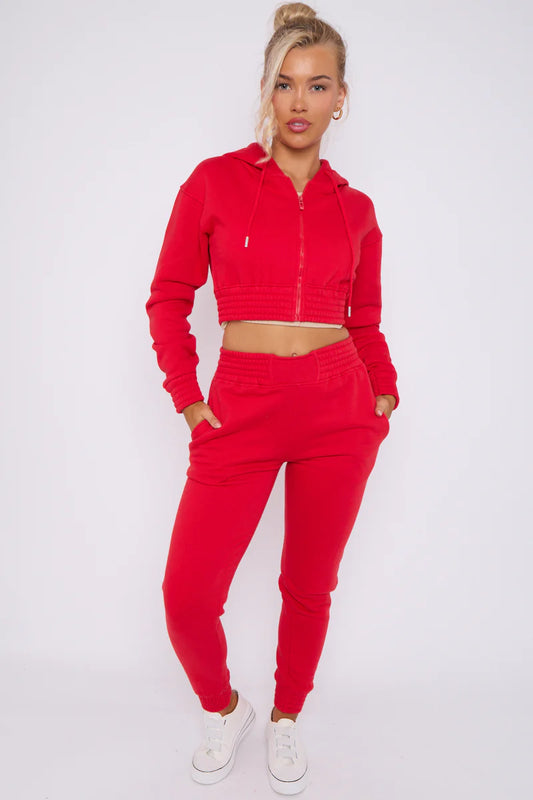 Zip Up Cropped Hoodie & Jogger Fleece Tracksuit Red