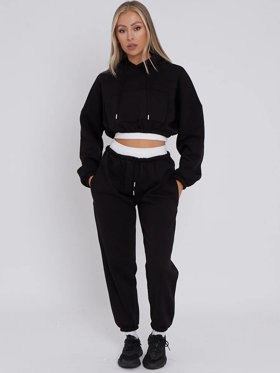 Fleece Cropped Tracksuit With Rib Trim Detail Black