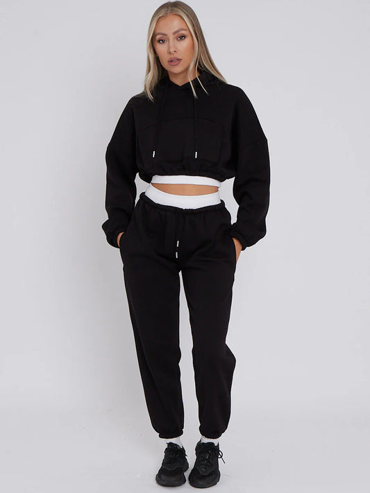 Fleece Cropped Tracksuit With Rib Trim Detail Black