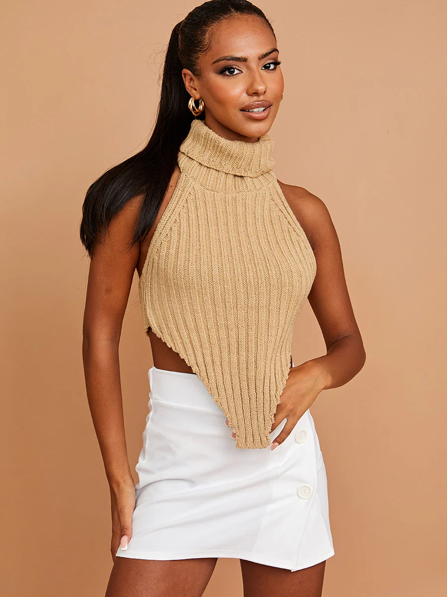 Halter Roll Neck Knitted Crop Top Beige