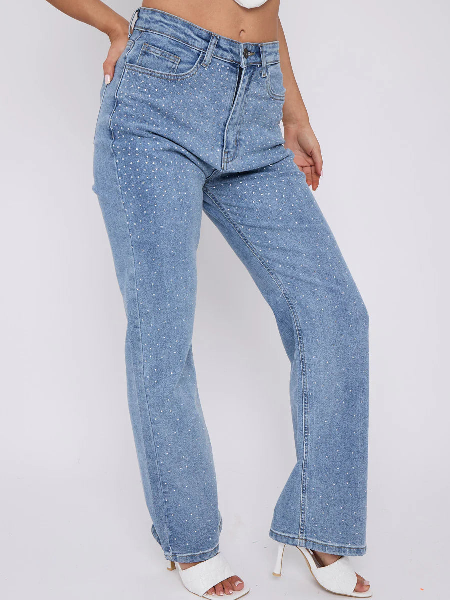 Diamanté Studded Front Jeans Denim Blue